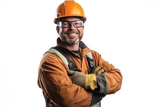 A man in an orange hard hat and safety glasses photo