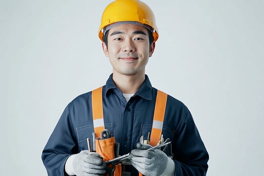 Asian male construction worker holding tools photo