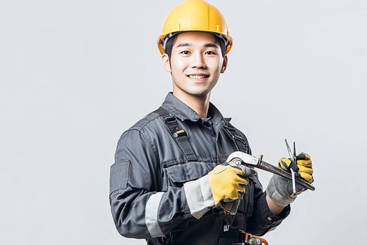 A man in a hard hat holding a wrench photo