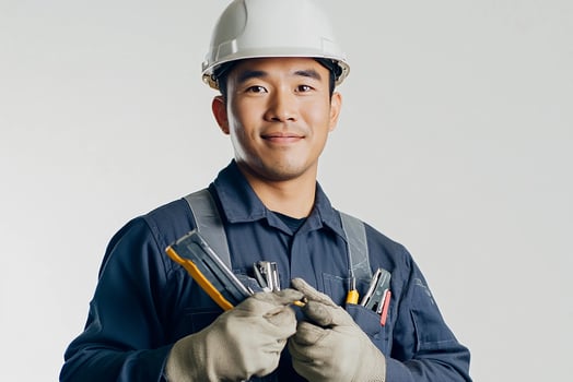 Asian male electrician holding tools and smiling photo