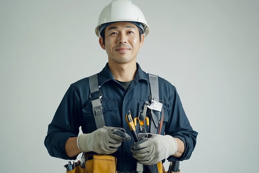 Asian male construction worker holding tools photo