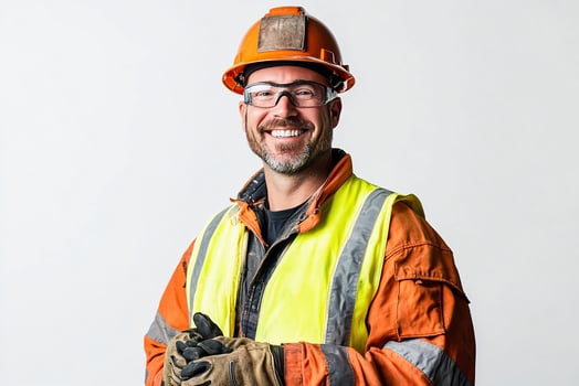 A man in an orange vest and safety glasses photo