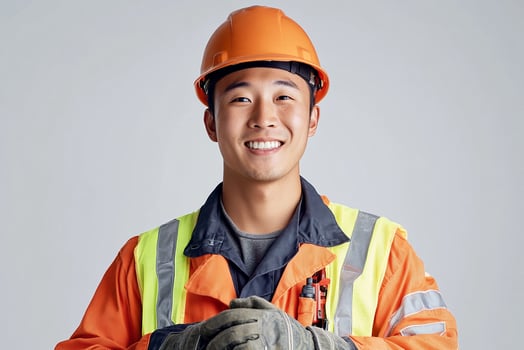 Asian male construction worker with orange safety vest and orange helmet photo