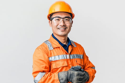 Asian man in orange work uniform with gloves and helmet photo