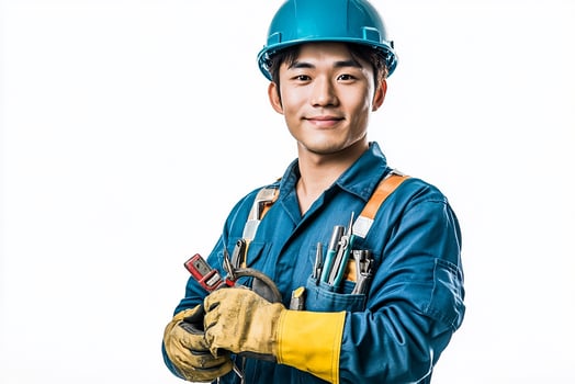 Asian male construction worker holding tools photo
