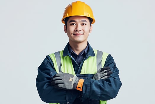Asian man in hard hat and safety vest photo