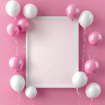 Pink background with white balloons and frame photo