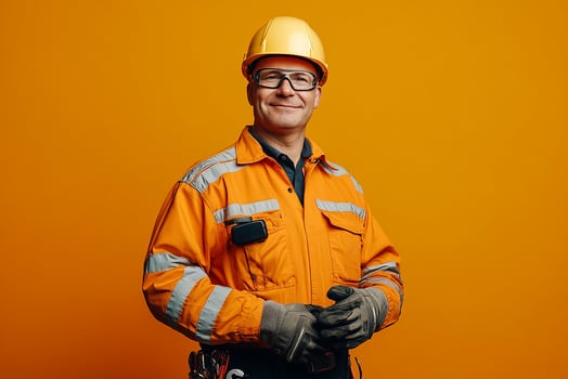 Portrait of smiling male construction worker isolated on orange background photo