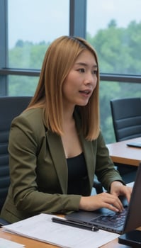 A young Asian woman with shoulder-length blonde hair, wearing an olive-green blazer, sits at a desk in a modern office. photo