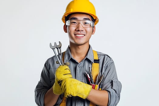 Asian male construction worker holding a wrench photo