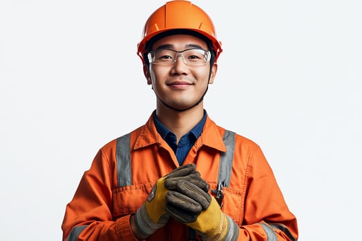 Asian man in orange work clothes with gloves and helmet photo