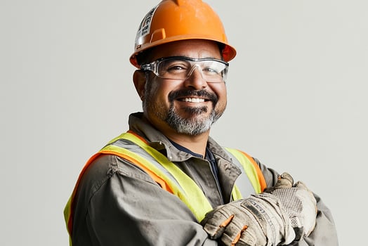 A man in a hard hat and safety glasses photo