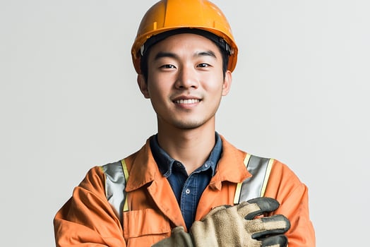 Asian male construction worker with orange safety vest and gloves photo