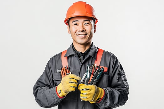 A man in a hard hat and overalls holding a pair of pliers photo