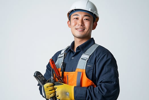 A man in an orange and blue work outfit holding a wrench photo