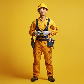 A man in yellow overalls holding a toolbox photo