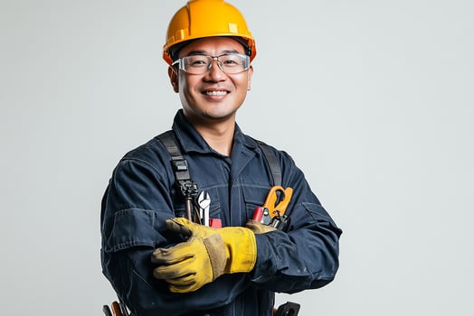 Asian male construction worker with tools and helmet photo