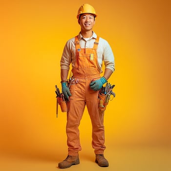 A man in an orange overalls and hard hat holding a tool photo