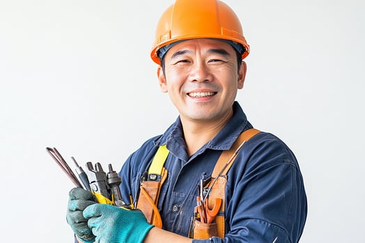 A man in an orange hard hat holding a wrench photo