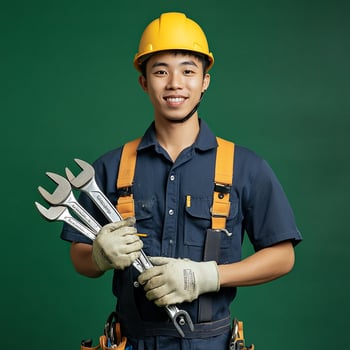 A young man in a hard hat holding a wrench photo