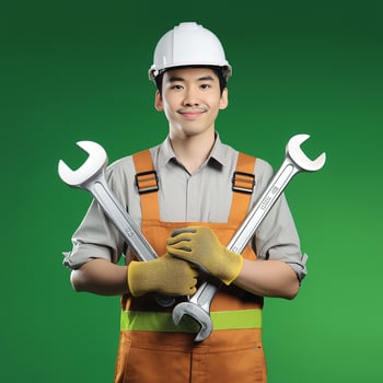 Asian man holding two wrenches on a green background photo