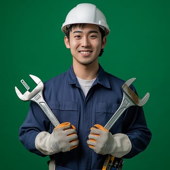 A man in a hard hat holding two wrenches photo
