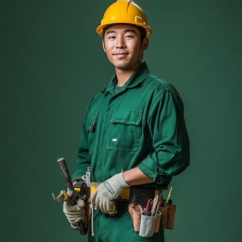 A man in a green work suit photo