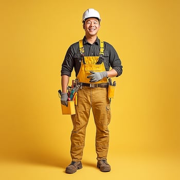 A man in overalls holding a toolbox photo
