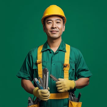 A man in a green shirt and yellow hat holding tools photo