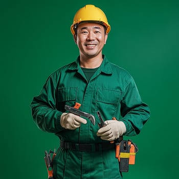 A man in a green work suit holding a wrench photo