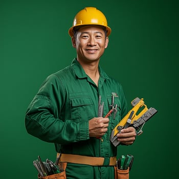 A man in a green uniform holding a tool photo
