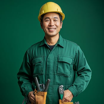 A man in a green work suit photo