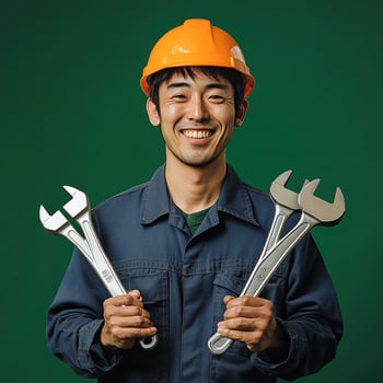 A man in a hard hat holding two wrenches photo