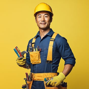 A man in a hard hat and overalls holding a wrench photo