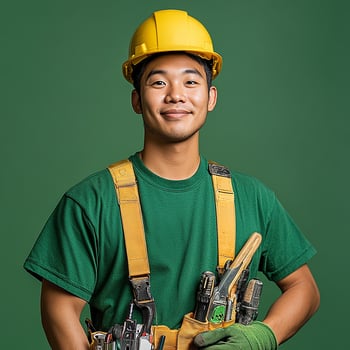 A man in a green shirt and yellow hard hat holding a tool photo