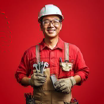 A man in a red shirt and overalls holding a wrench photo