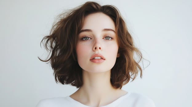 Young woman with wavy hair poses confidently against a plain background showcasing natural beauty and style photo