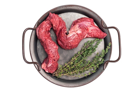 Raw Beef Machete Skirt Steak, fresh marble meat with herbs isolated on white background photo