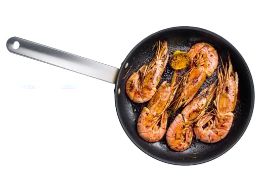 Pan fried red Argentine shrimps, Prawns Langostino Austral isolated on white background. top view photo