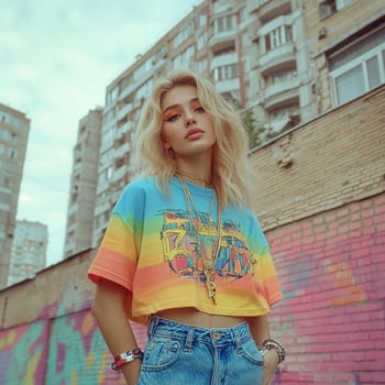 Urban girl in 90s fashion stands proudly against colorful graffiti backdrop photo