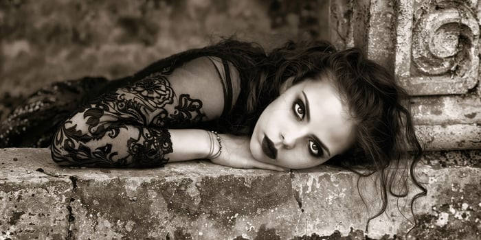 A teenage girl with long hair and dark clothing lies on a weathered stone surface, lost in thought photo