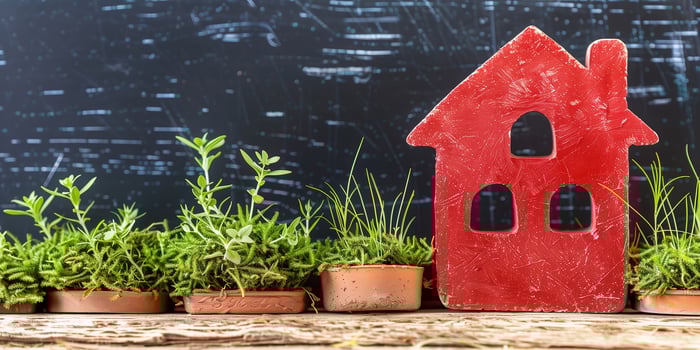 Home and cleaning concept with decorative house and greenery indoors photo