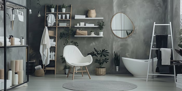 Modern bathroom interior with cleaning supplies and minimalist decor for a serene atmosphere photo