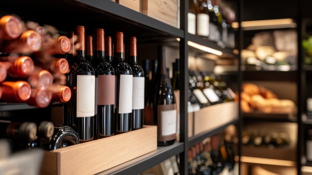 Selection of red wines displayed on wooden shelves in a modern wine shop photo