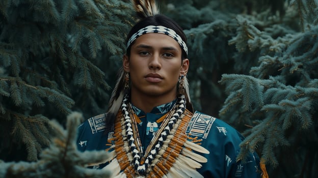 Portrait of a Native American young man in traditional attire among evergreen trees photo