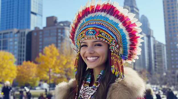Smiling Native American woman in traditional attire with vibrant headdress stands in urban setting photo