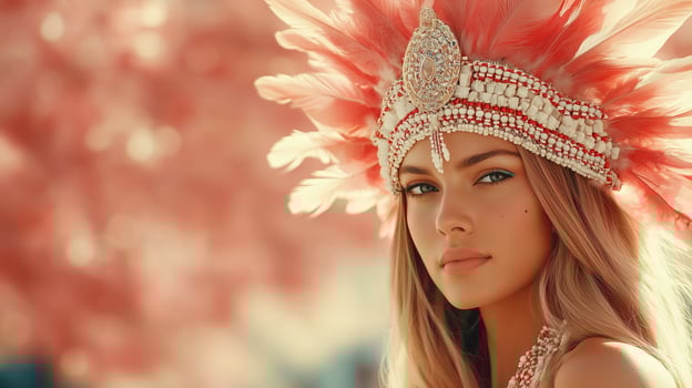 Portrait of a young woman adorned in a vibrant feathered headdress celebrating cultural heritage photo