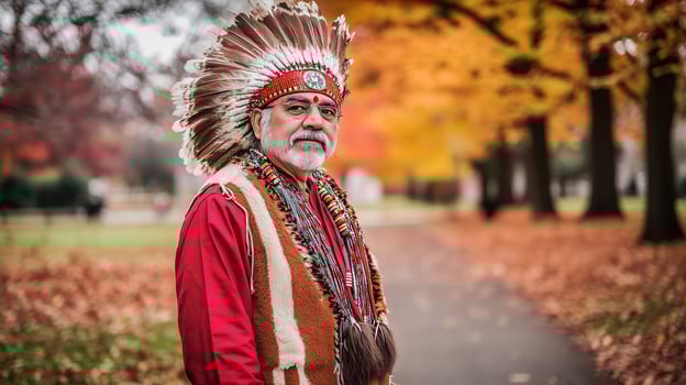 Majestic American Indian old man in traditional attire poses amid autumn leaves photo