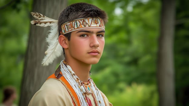 Portrait of a young Native American man in traditional attire during a cultural celebration photo