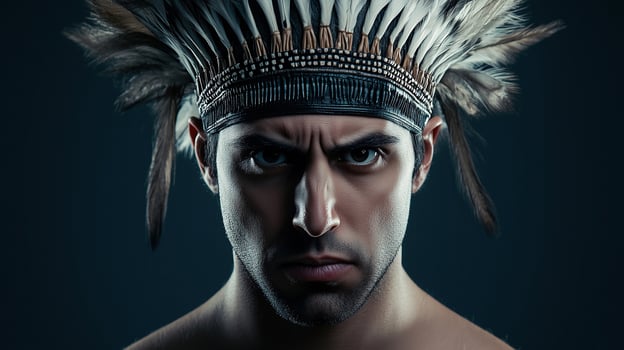 Portrait of a Native American man wearing traditional headdress, expressing strength and pride photo